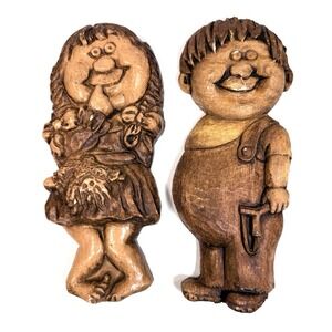 Vintage Ceramic Boy Girl Wall Plaques Young Love Folk Art 1970s Studio Pottery